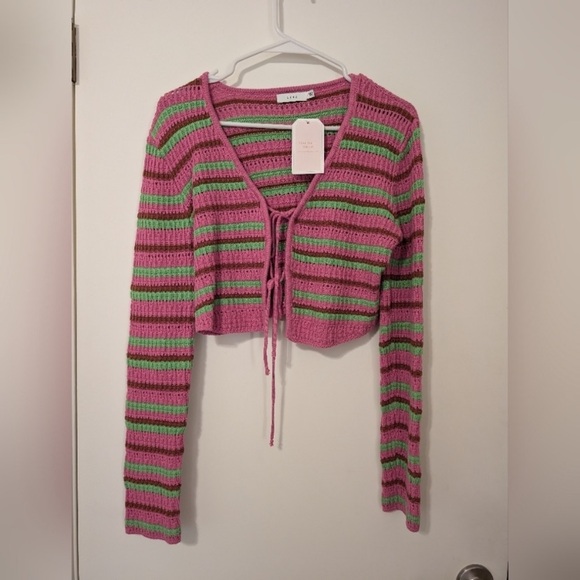 Lush Pink and Green Striped Knit Cardigan - Picture 1 of 5